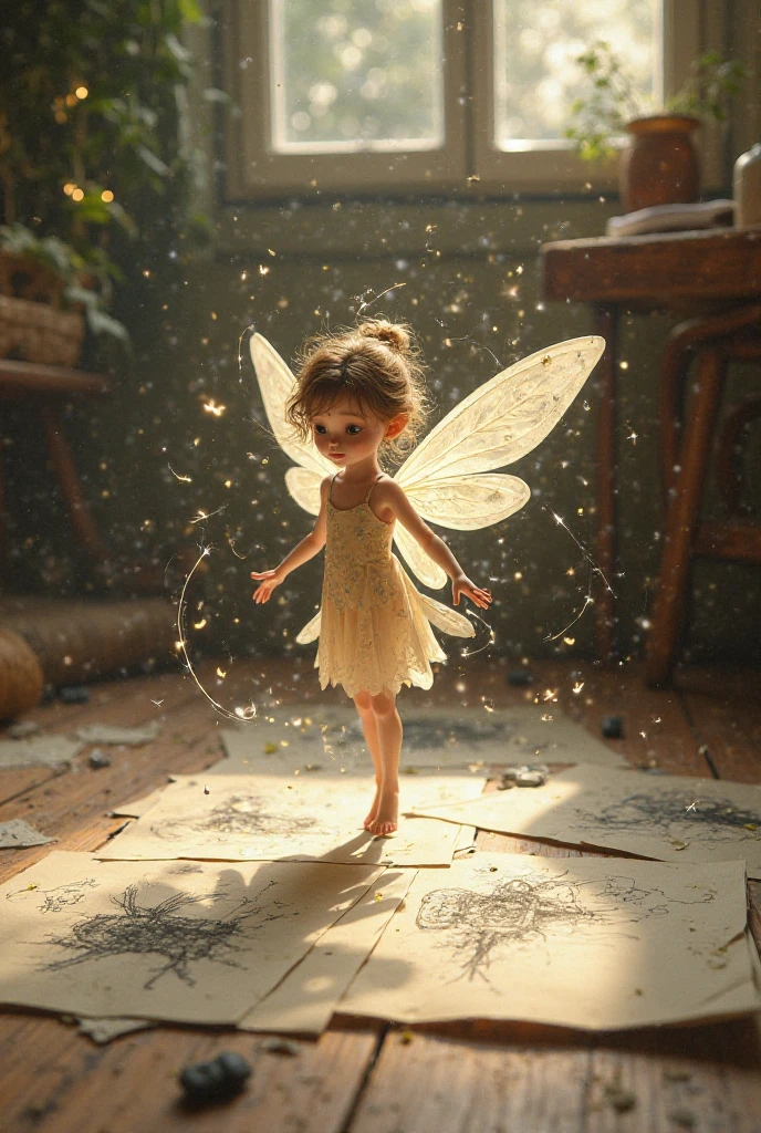 A 12yo girl dressed like the fairy tinkerbell on standing on a hard wood lacquered wood floor. Shot from above. She looks confused and cute