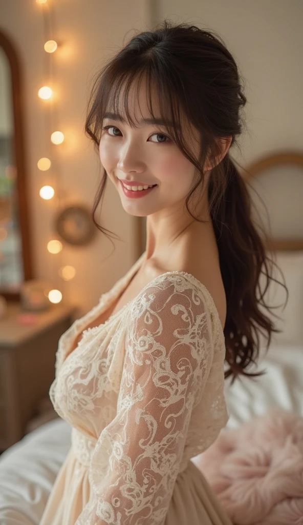 Tropical sandy beach、(Highest quality), (Tabletop), (High resolution), (Intricate details:0.2),(Professional Lighting), gown, Detailed Background,Off the shoulder, (Previous View), One Girl, alone, (Beautiful Face), The body is slim, Fine skin, smile, Blonde in a ponytail, Beautiful Eyes, View the viewer,Ample breasts、