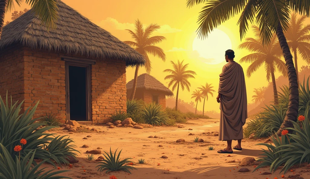 A Indian labour returning village with a bag in sunset time shadow image sketch near his house
Around people