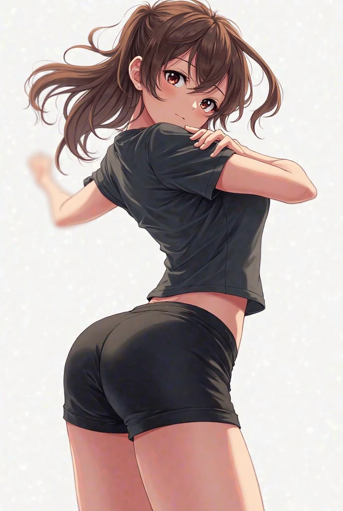 An anime girl with brown hair bent backwards to us. She is wearing a black t-shirt with protective black shorts that are very tight