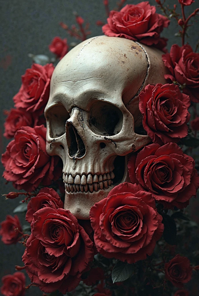 a skull with roses and leaves on its head, skull made of red roses, 8k highly detailed, 16k highly detailed, adorned with demon skulls, glowing red skull, with a crown of skulls, black and red colors, death skull, gothic horror vibes, red skull, ((skull))