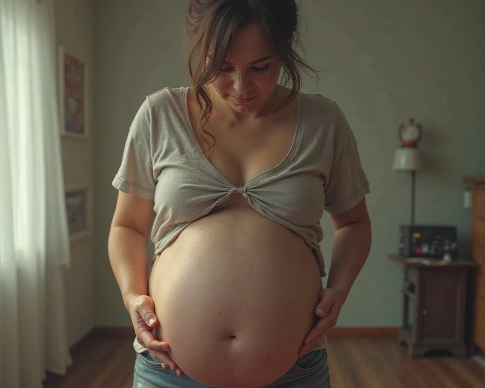 Plump Pregnant greek woman, curly hair, tight jeans and tank top, huge pregnant belly, big cleavage, huge butt, curvy butt, fat butt, fluffy butt, round hips, fat hips, side view, full body shot