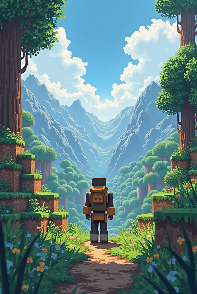 Create a 720-bit style image of an adventurer standing at the edge of a cliff, gazing out at a detailed, vibrant horizon. The adventurer is equipped with a sword and backpack, and the landscape below features intricately designed mountains, forests, and a winding river. The setting sun casts a dynamic array of colors across the sky and the terrain, enhancing the high-resolution pixel art.