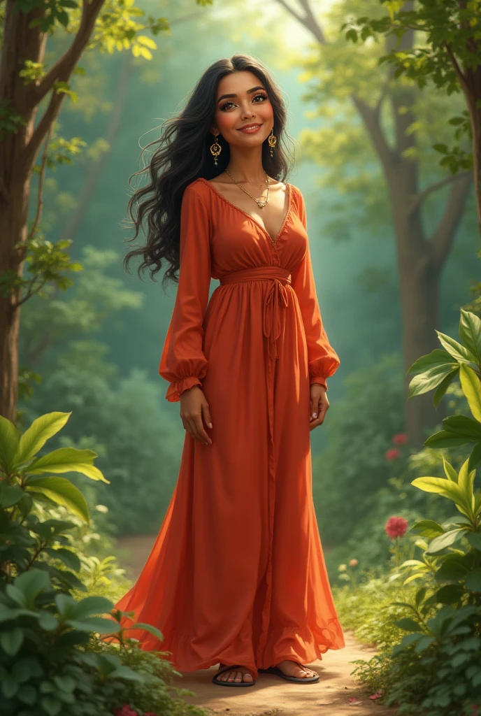 A realistic body portrait of Zendaya with wavy long black hair, a complete body, big dark brown eyes, Dressed in a red Lioncloth and a perfect oval face, rendered in a photorealistic style with sharp edges and a vibrant atmosphere, lying in a lush forest with a loose shirt and a bright sunbeam. high details in body skin, day in a camp with the young woman