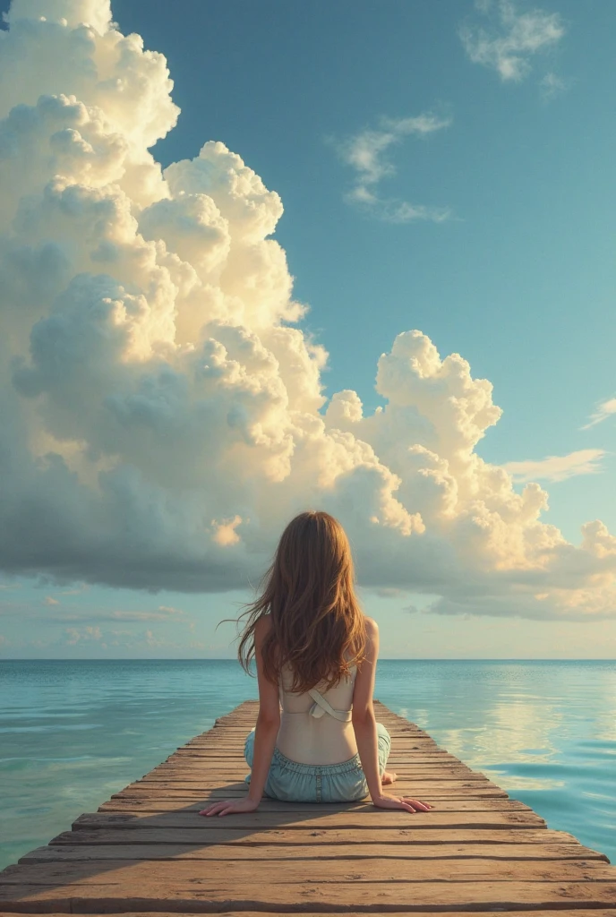 A small ship like a bed made of clouds、Woman sleeping leaning against、legs crossed、Hands behind the head、Floating in the lake、Bird view