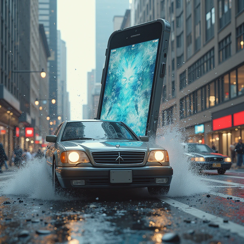Car crashing into a giant smartphone in the middle of the public road 