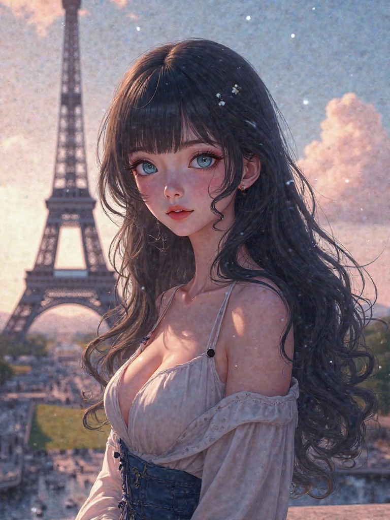 a scene in a crowded France with a beautiful and elegant young woman: "It generates a vibrant visual representation of a dazzling young woman at the Eiffel Tower in France. This captivating figure features deep, mesmerizing green eyes that reflect the infinite expanse of the sky. Her loose brown hair shines with a touch of daylight, framing her perfect figure. She is adorned in fashionable and modern elegant clothing that accentuates her curves and complements her beauty. The design of the fashionable clothing exudes confidence and style. The city around you is filled with a lively crowd of people, tourists and straight couples in love. The atmosphere is full of sounds of laughter, beautiful day and the joyful energy of a summer day by the Eiffel Tower. Capture the essence of leisure bathed in the sun and charm of this beautiful Caucasian woman against the backdrop of a lively city scene." Super realistic, super detailed, 8k HDR photo cinematic image, super high quality image, masterpiece, dynamic poses