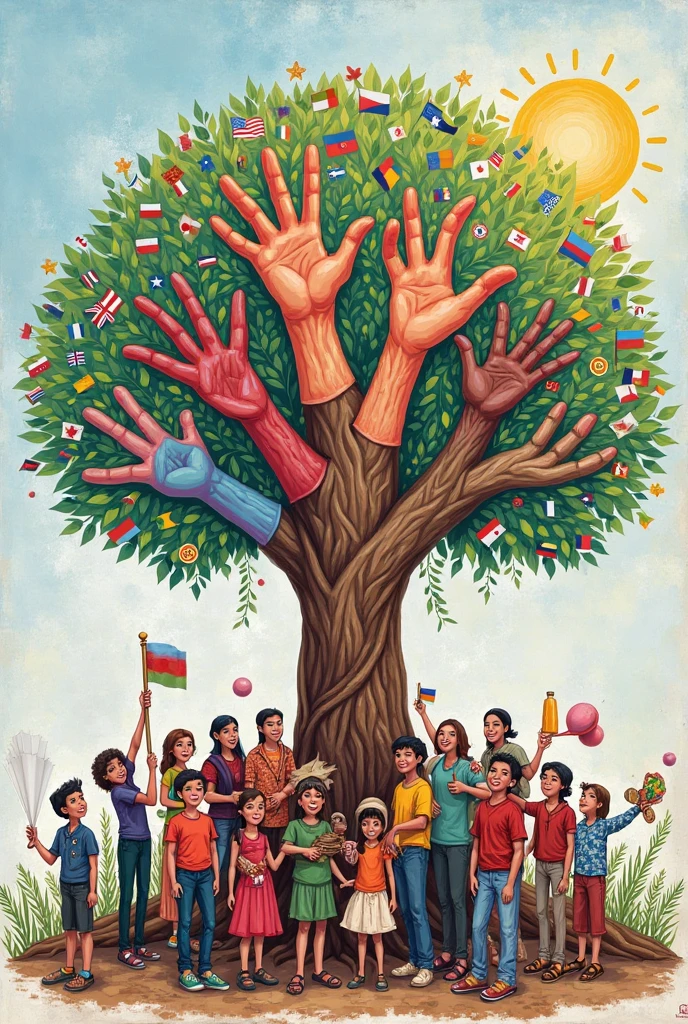 For a mural, I choose the theme " Unity in diversity ".

sketch:

In the center, a large tree with branches that extend.
 On each branch , different hands of different colors and textures, symbolizing cultural diversity.
At the base of the tree , a group of people of different ethnicities and ages united, smiling and holding flags of their countries.
around, elements that represent traditions, such as musical instruments, books, and peace symbols.
 In the background, a clear sky with a bright sun, symbolizing hope and a bright future.
This mural seeks to convey a message of inclusion and harmony between cultures.