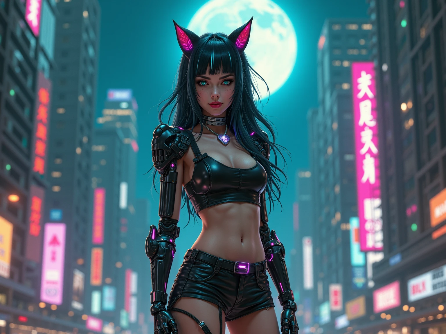 Girl Android demonic gloomy with long black hair woman with sexy hips half cyborg modification Beautiful fur with black demonic eyes stands in full height sideways black eyes Anime Style black background Cyberpunk style, black background image of night black city and blue neon lights
