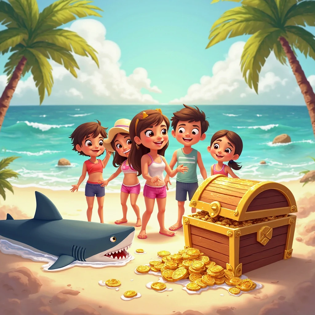 "The children are digging in the sand with shovels, as a large, ancient chest starts to emerge from the ground."