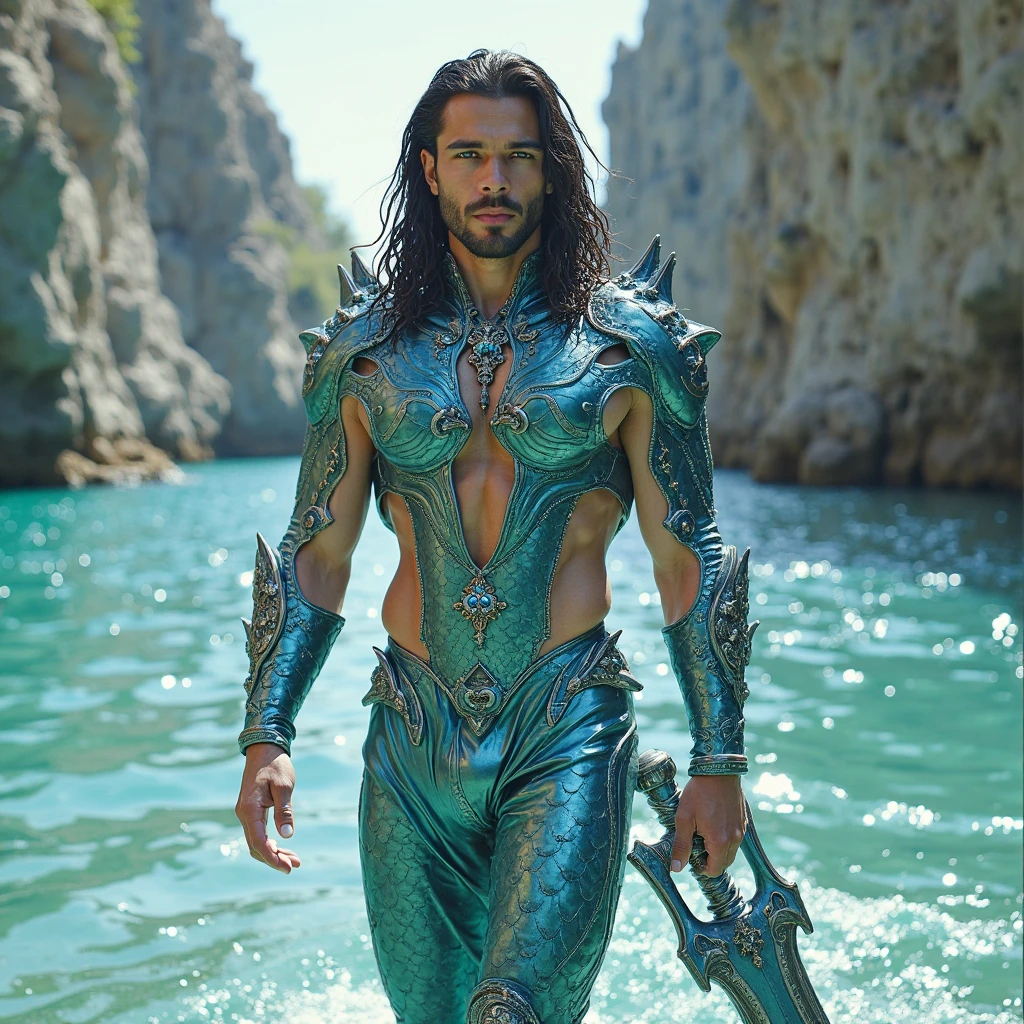 A handsome 18 year old young man from the Greyjoy clan and mermaid race. he is the ruler of the southern sea, has black drow hair and jet black eyes. almond crusted. has a long piercing. posing with a bloody sword like the leader of the sea. stern grin. with a killer aura. wearing knight clothes. background on a mid-ocean ship with big waves and a big octopus in the sea. make it in marvel panel comic art style