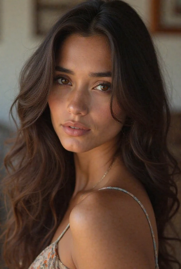 (Best quality, Ultra-detailed, Golden Ratio, Masterpiece:1.2), Studio lighting:0.7, Photorealistic portrait of a beautiful pakistani woman posing at a grand and scenic location, turning her head to the side to showcase a striking earring to the camera. The woman should have a flawless, highly detailed face (Highly Detailed Skin) with soft, luminous skin. Her long hair should be naturally brown and stylishly arranged. The focus of the image  on her face (Sharp Focus on the Face, Perfect Eyes:1.2). The scene should be rendered in muted, warm colors, with the woman standing under a spotlight casting a soft, natural light on her. The photography should feature high-quality film grain (ISO 400, 30mm lens RAW f1.8 aperture, highly detailed) to create the impression of analog photography (Analog Photography:1) with HDR colors,  the scene both realistic and stylish. The image should be a full body shot, from head to toe. The woman should be wearing a modest black clothes