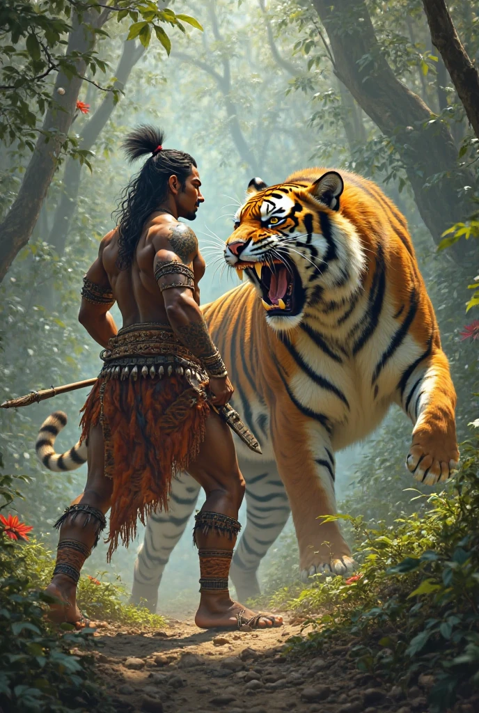 an Indian, cavalgando em um tigre, com um arco e flecha, com a face brava, correndo