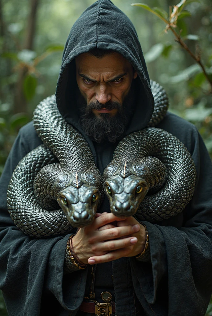 Make this photo look realistic and detailed, there is a snake man holding three green coconut in his hands, 6 0 years old man, snake man, lower half of his body is snake, snake human hybrid, eugene gottsnake, very detailed potrait, realistic portrait photo, close up potrait, profile portrait, very detailed face, very realistic face, very perfected face