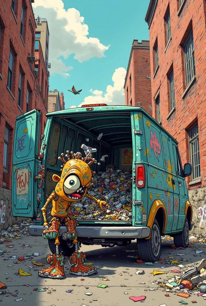 <lora:Muppets:1> concept art  (MuppetManiaAI garbage_truck:1.1), pintle-mounted machine gun, (industrial:0.8), (gritty:1.1), dirty, grimy, worn, weathered, rundown cyberpunk sesame street