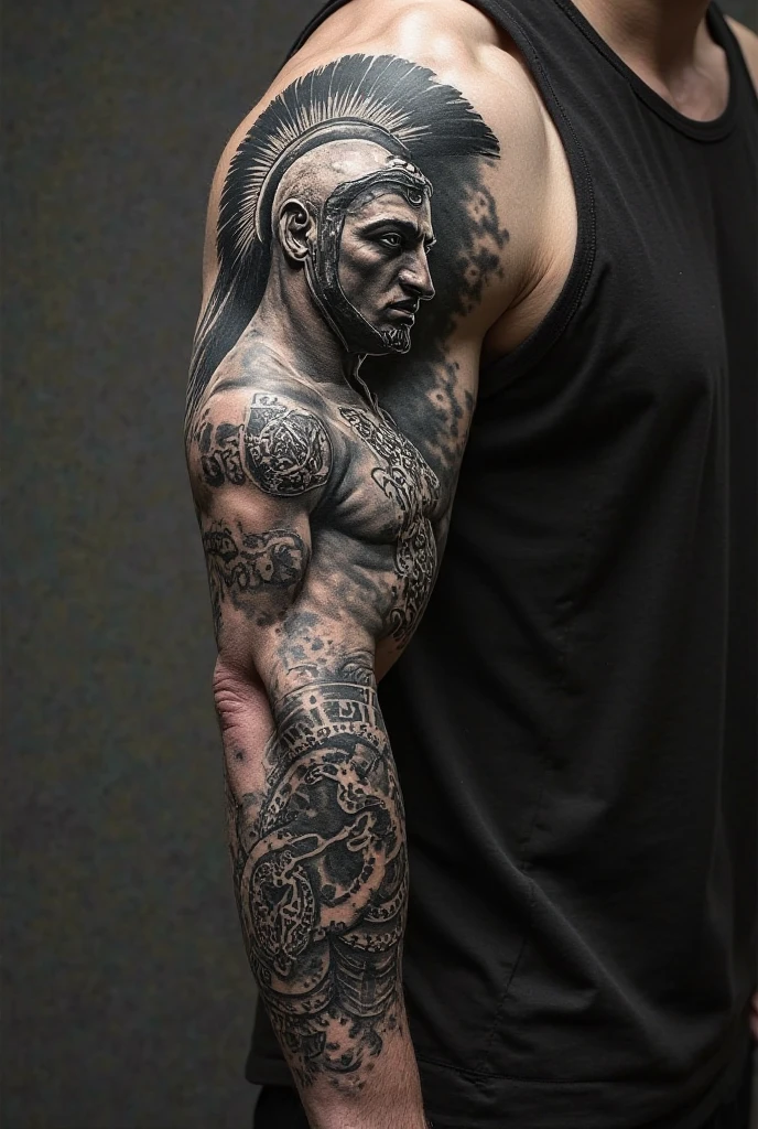 Arm sleeve tattoo representing good and evil
