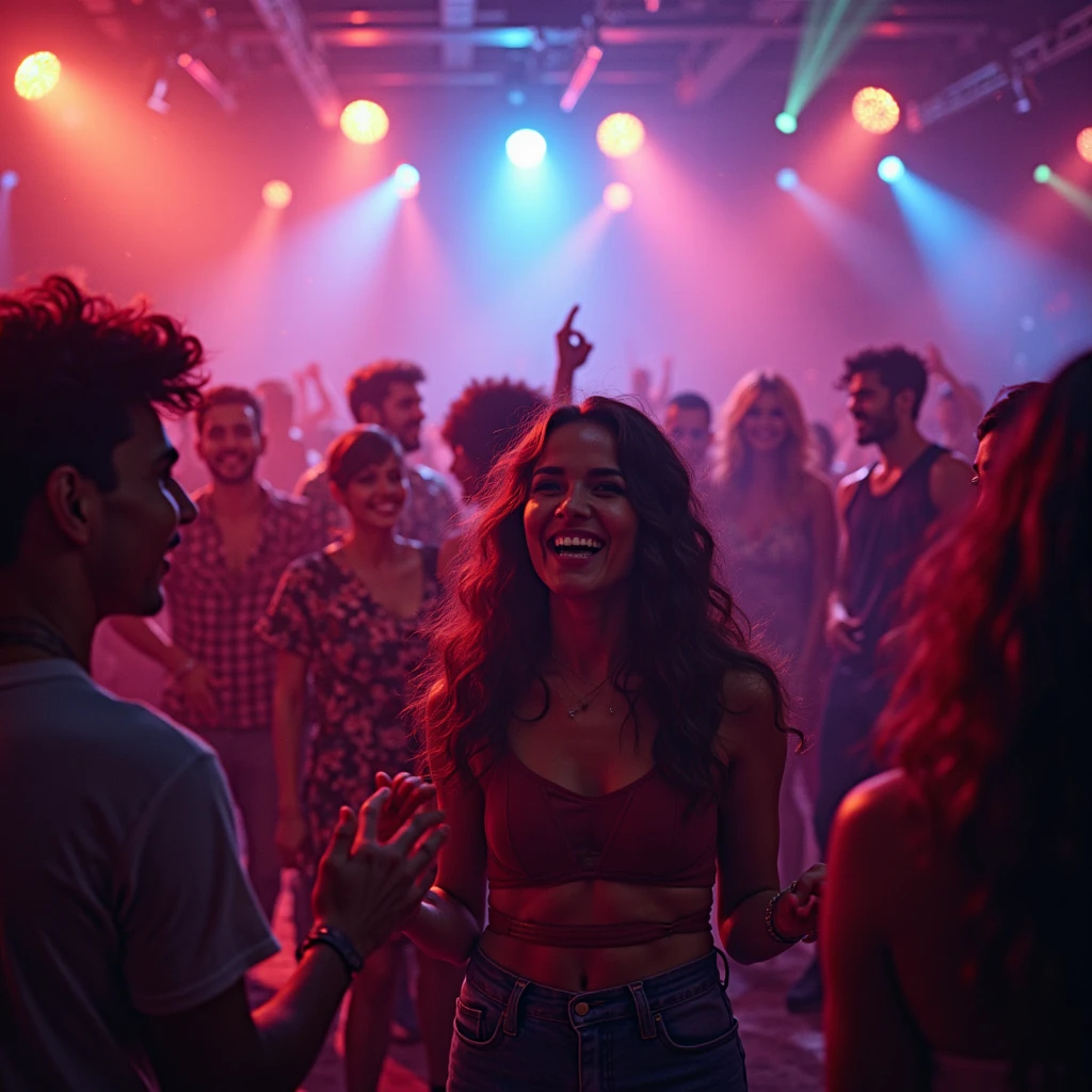 The scene takes place at a lively and vibrant party., full of people dancing and having fun. Em primeiro plano, an individual with characteristics associated with the sign of Aries (like a contagious energy and a confident attitude) she's on stage. They are in the middle of a crazy, improvised choreography, which is so frantic that even they can&#39;t keep up. The room is lit with colorful disco lights and a large mirror ball reflects the lights around it..

En el centro de la imagen, Aries is in the middle of an exaggerated and energetic dance, with an expression of pure amusement and excitement on his face. Around her, other guests are laughing and joining in the dance, some trying to imitate the crazy steps. 

In a corner of the scene, there is a small area where two participants are competing in a duel of "who drinks faster", with glasses of drink in hand and an expression of fun competition. The crowd around is excited and cheering on the competitors.

No fundo, a large poster or sign made with bright letters says: "Who&#39;s ready for some fun??", highlighting the festive spirit of the party. The music is loud and the energy is palpable, reflecting the vibrant and challenging nature of the Aries sign.