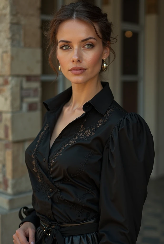 Beautuful Women standing in shirt and frock, showing cleavage