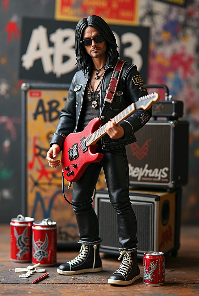 8k, highly detailed, photo realistic, a man with a top hat and guitar, long black hair