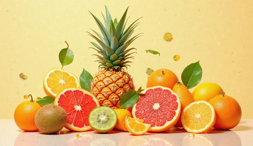 a close up of a fruit splash with a banana, orange, pineapple, and lime, spilling juice, tropical fruit, amazing food illustration, fruits, made with illustrator, highly detailed composition, juicy, full color digital illustration, juice, fresh fruit, adobe illustrator art, 🐿🍸🍋, full color illustration, commercial illustration, official artwork, highly detailed illustration