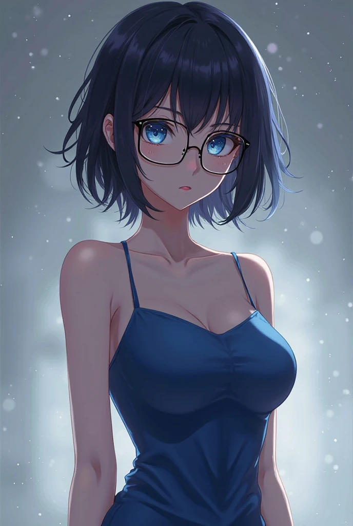 (UHD, retina, masterpiece, accurate, anatomically correct, textured skin, super detail, high details, high quality, best quality, high res, 1080P, HD, 4K, 8k, 16k), (beautiful detailed blue eyes, beautiful detailed lips, extremely detailed eyes and face), studio lighting, physically-based rendering, vivid colors, (large sexy breasts, glamorous body), (see through dress), (portrait, side cut, shiny hair, shiny skin, blush), (bokeh), eye reflection,, dark atmosphere, highly detailed skin texture, extreme details, perfect breast, dark tanned skin, freckles,, ultra detailed skin texture, soft lights,pale skin, glasses 