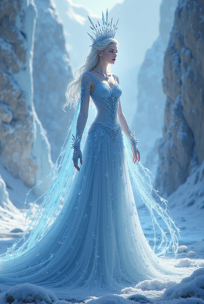 realistic photo scene 8k UHD, ((ultra detailed masterpiece)), (( a beautiful, slim woman, wearing a blue tiara, ice blue dress and a white robe, Goddess of winter, ice blue eyes, Princess of winter, Queen of winter, Ice Sorceress, Ice Queen, Crystal blue eyes, icy eyes, photo looking straight ahead, Ice Princess, pale, snow-white skin, Beautiful ancient ice witch, she casts ice spells with her hands, strolling through a frozen forest, snowing, Beautiful digital artwork, Cold blue colors)),
