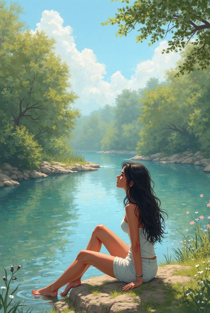 Painting of a woman sitting on a rock by a lake, Arte bonita UHD 4K, Estilo de Tim Hildebrandt, pintura detalhada 4K, inspirado em Greg Hildebrandt, inspirado em Tim Hildebrandt, inspired by the Brothers Hildebrandt, inspirado em Cyril Rolando, virgil finlaytim hildebrandt, Jen Bartel, inspired by the Brothers Hildebrandt