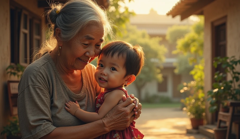 Create an image of a 90 year old lady, dark-skinned, that is fat, is wearing a floral dress and glasses. She is carrying on her right shoulder a 35 year old adult woman. , De pele clara, who has long brown hair, wearing denim shorts and a white lace bra and is being carried face down on the lady's shoulder