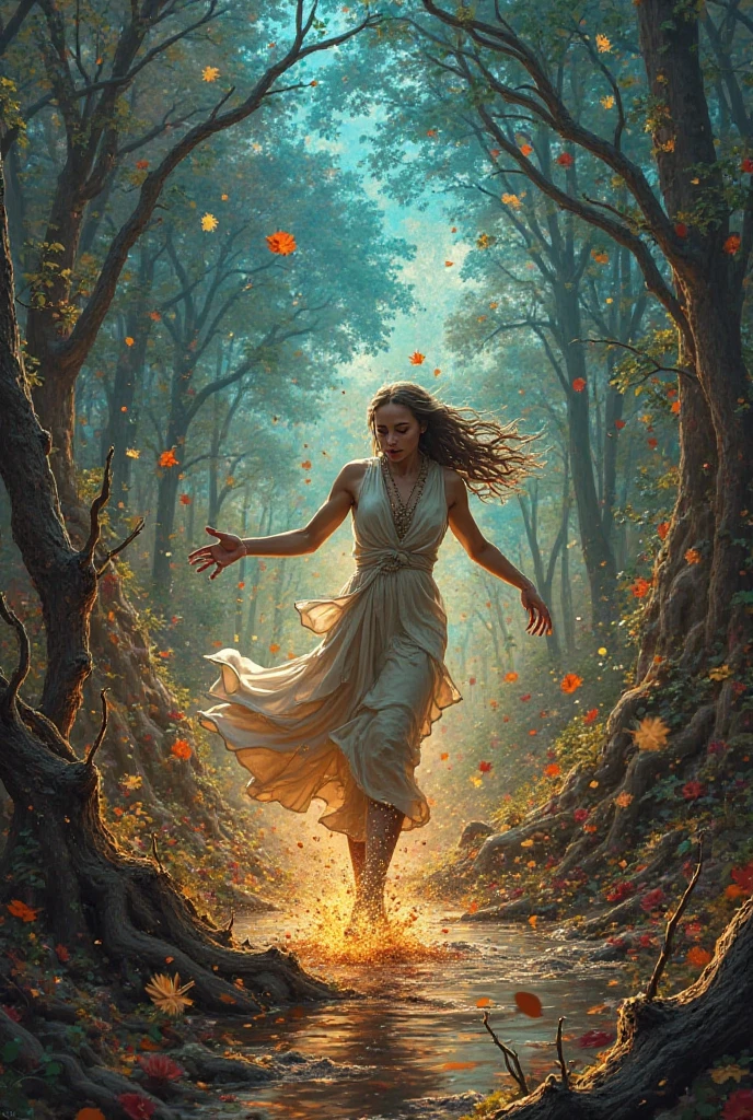 A beautiful woman emerges from under the earth like a tree, and its thrones are in the sky, where books of all branches arise.
There is a thick fog