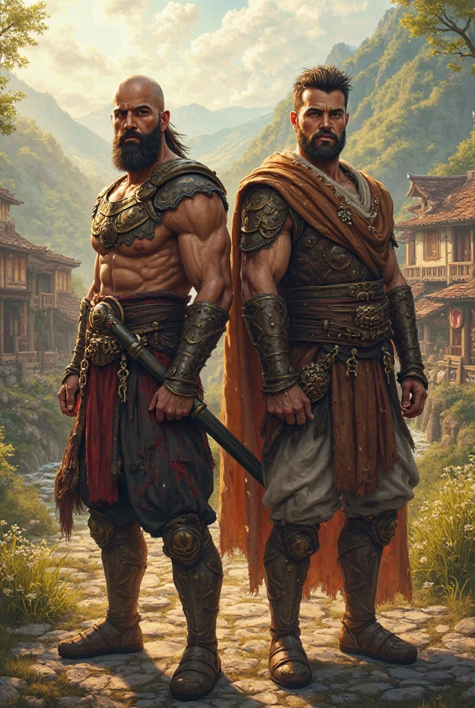 masterpiece, detailed, intricate, epic fantasy, colorful, full body, slight angle, black man, 60 years old, bald, grey bearded, looking at the viewer, hulking, brawny, ankle wraps, very hairy chest, skimpy revealing outfit, receding hairline, smirk, mercenary, blades, big ancient city gates, pointing away, depth of field, particle effects, high quality shadows