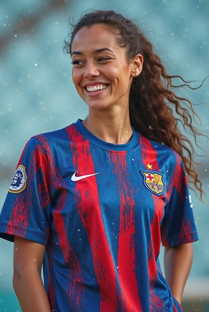 A woman wearing a Barcelona jersey