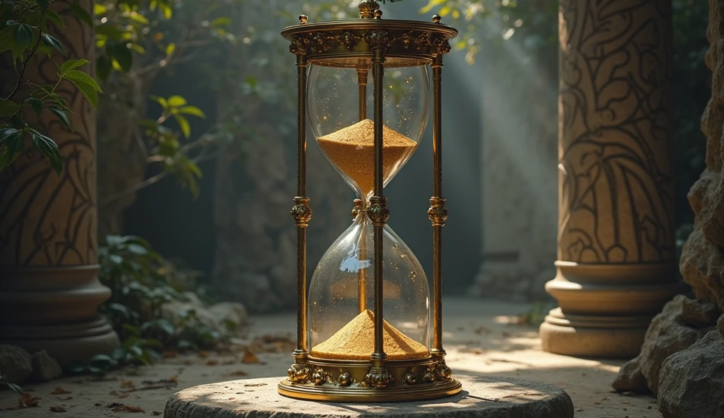 (Meisterwerk 1:1) Hochdetaillierte digitale Kunst, Antike Sanduhr, beautiful curves of an hourglass, sonnig, Atrium-Hintergrund, filmisch, Sharpen filters, volumetrisches Licht, Oktan-Rendering