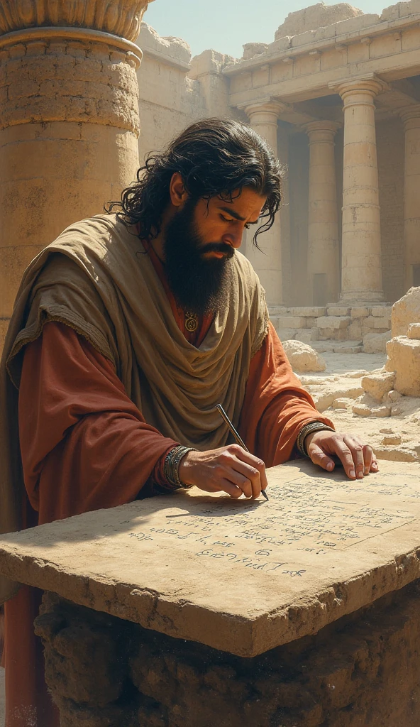 The man write the name on the stone