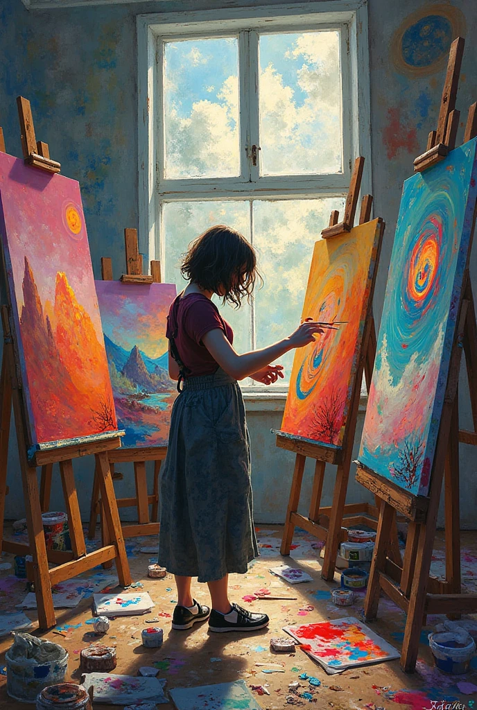 ((((A man painting))) a (((nude art))) of a curly haired woman (on canvas:1.5)) (oil painting, water colors, moder art), ((modern style)), ((hanging on the wall)), living room, analog photo, (polaroid), art, painting