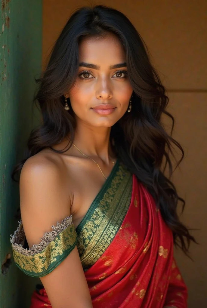 RAW portrait photo of 1 brunette woman with long hair, in front of a hindu temple, wearing a beautiful saree and jewellery, imagem de perfil, Supermodelo brasileira, morena com cabelos loiros tingidos, seminua, medium firm breasts, soio, revela seu corpo, transparente, altamente detalhado, skin imperfections:1.1), detalhada, specular illumination, DSLR, ultra qualidade, foco nítido, grain of film, Sharp features, soft natural lighting, magic photography, natural lightting, Foto realism, ultra-detalhado, 8k, melhor qualidade, Ultra Alto Nadaolução, (fotorrealista: 1.4), alta resolução, detalhada, foto crua, sharp re, (8k, 4k, melhor qualidade, alto, Ultra alto nada:1.1), (obra-prima, realista, realista:1.1), Estilo Raw 50