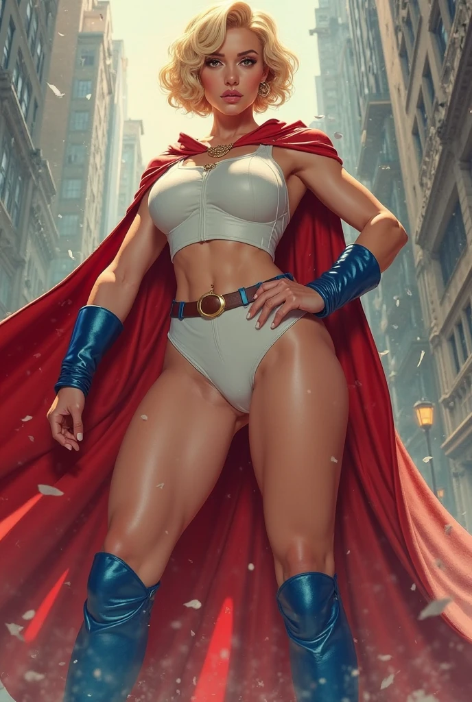 extremely long hair, ponytail, perfect anatomy 1 girl tall solo, slim thick, ((muscular)) high elf toned body, silver breast plate, blue cape, slender abs, hourglass waist, detailed face, defined cheekbones, puffy lips, gauntlets, gold crown, shadow over eyes, looking at viewer, masterpiece, white thigh highs lingerie, lustful smirking smile face red blushed red cheeks, 2 high heels feet together