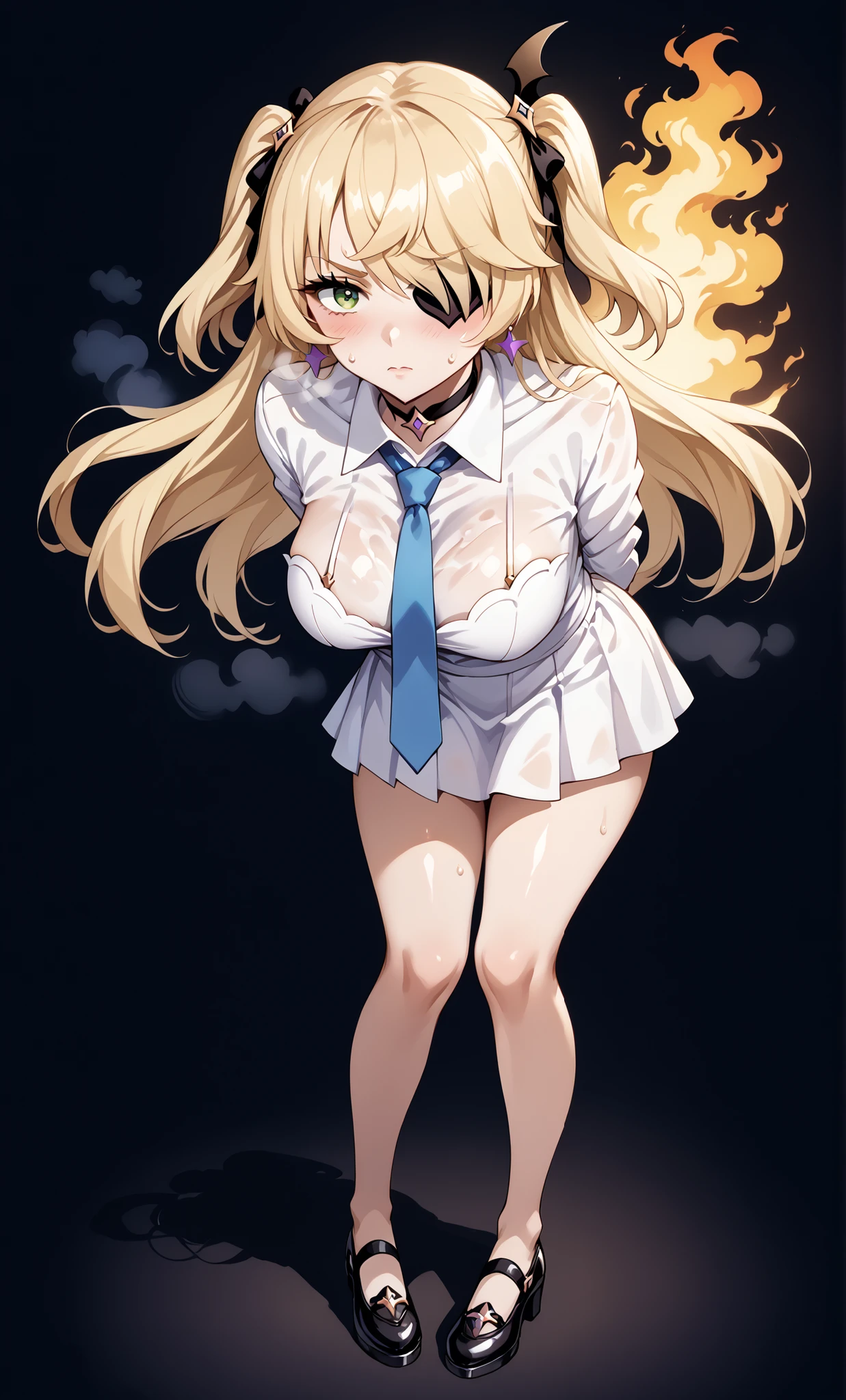 (masterpiece、top-quality、detaileds),((nsfw)),(((nametag from neck))),tears,looking at viewer,((((nude)))),saotome mary,twintails,blonde hair,chain collar,crying,cowgirl position