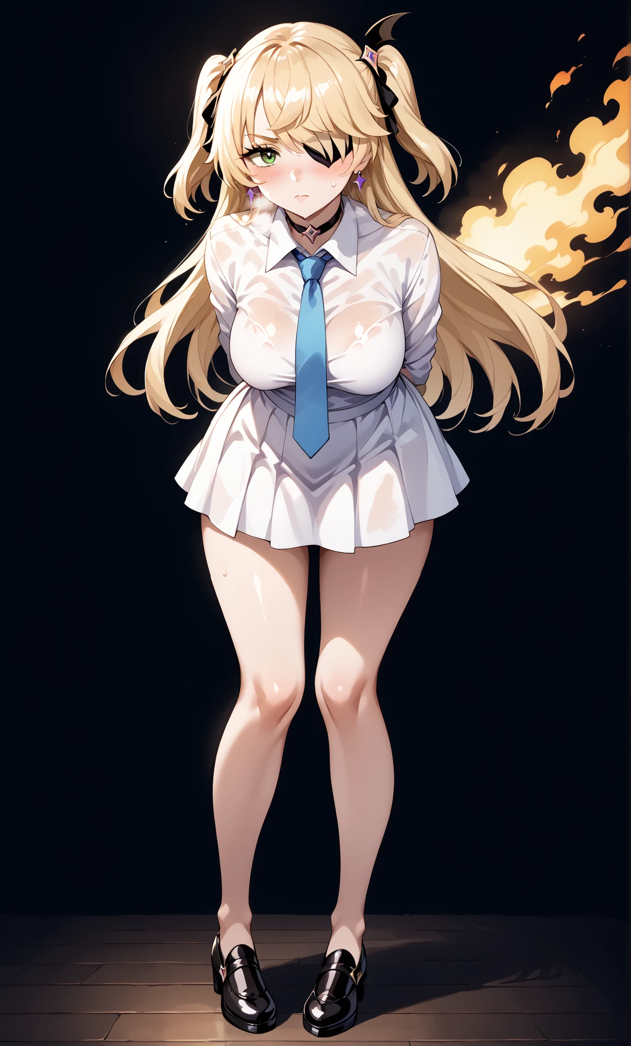 score_9, score_8_up, score_7_up, source_anime, 4K,perfect fingers,(perfect hands, perfect anatomy),prefect lighting, very aesthetic, intricate details,highly detailed background, masterpiece, high quality, best quality,
1girl,solo, fischl, fischl, long hair, bangs, ((blonde hair:1.5)), ribbon, green eyes, hair ribbon, hair over one eye, two side up, eyepatch, large breasts,,
wearing ((Black choker, Collared shirt, White shirt, Earrings, Blue tie, white skirt, )),,
A sagging breast, looking at viewer,standing, ((leaning forward:1.2)), ((arms behind back:1.4)), Dark gray background, Blushing, Troubled eyebrows, Rough breath, Burning face, full of sweat, Whole body wet, Bending knees, ((Full Body:1.6)) ,