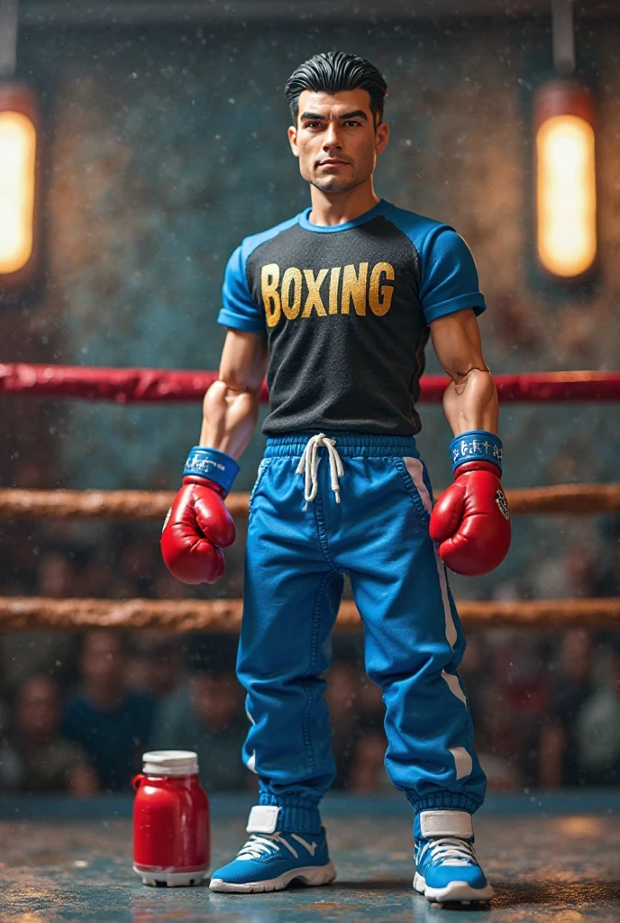 a lean skinny 18-year old shirtless caucasian boy wearing blue boxing gloves, black boxing shorts, crewcut brown hair, green eyes, tanned skin, sweating, drenched with sweat, in the ring
