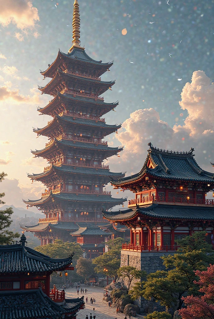 Fairy-filled,Heavenly Palace,Baiyun,Towering Nantianmen,A few egrets flew by,The sun rises,several peach trees,Many large and small palaces,hazy feeling,white smoke