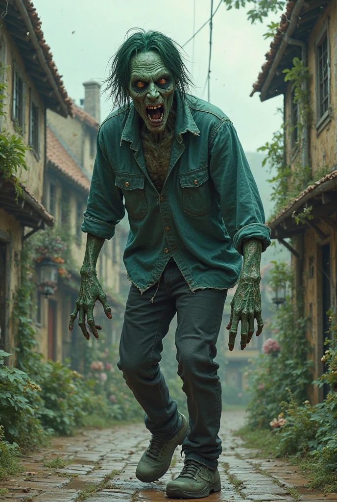 A green zombie with dark green hair wearing a blue shirt, black pants ...