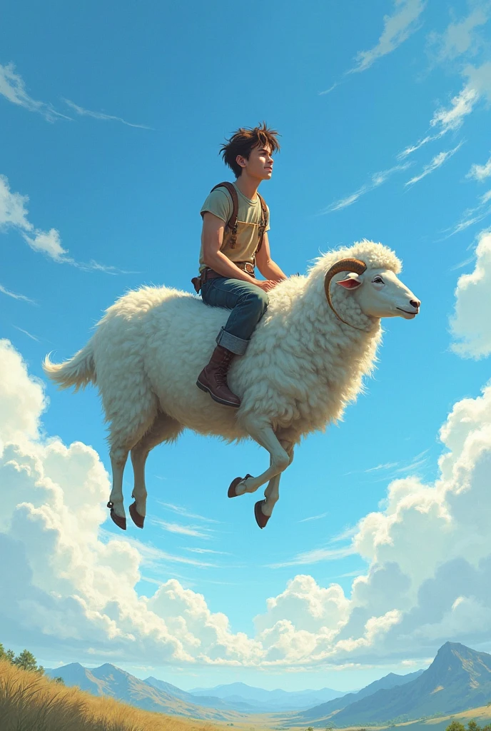 Prairie, a boy riding on the back of a sheep, knight, night, starry