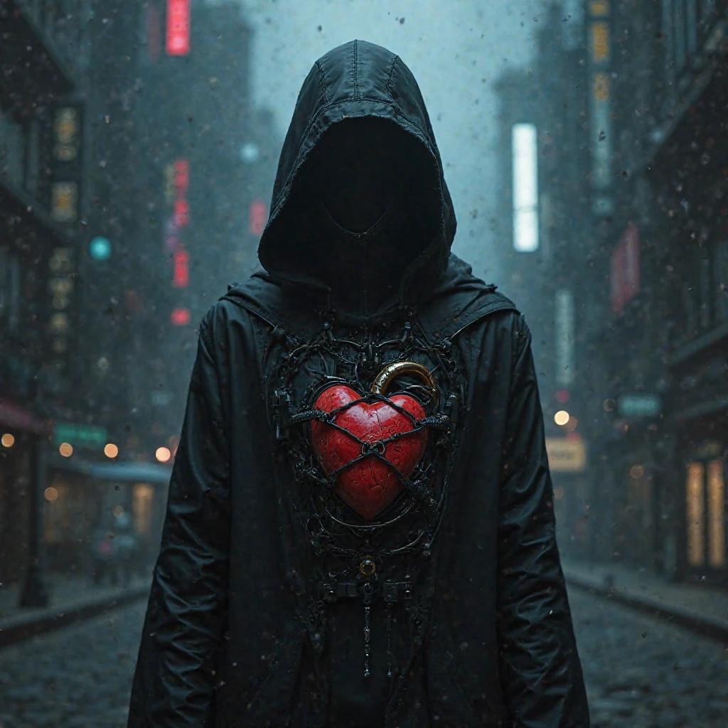 A faceless character who suffer for heart pain like the heart is being held by chain