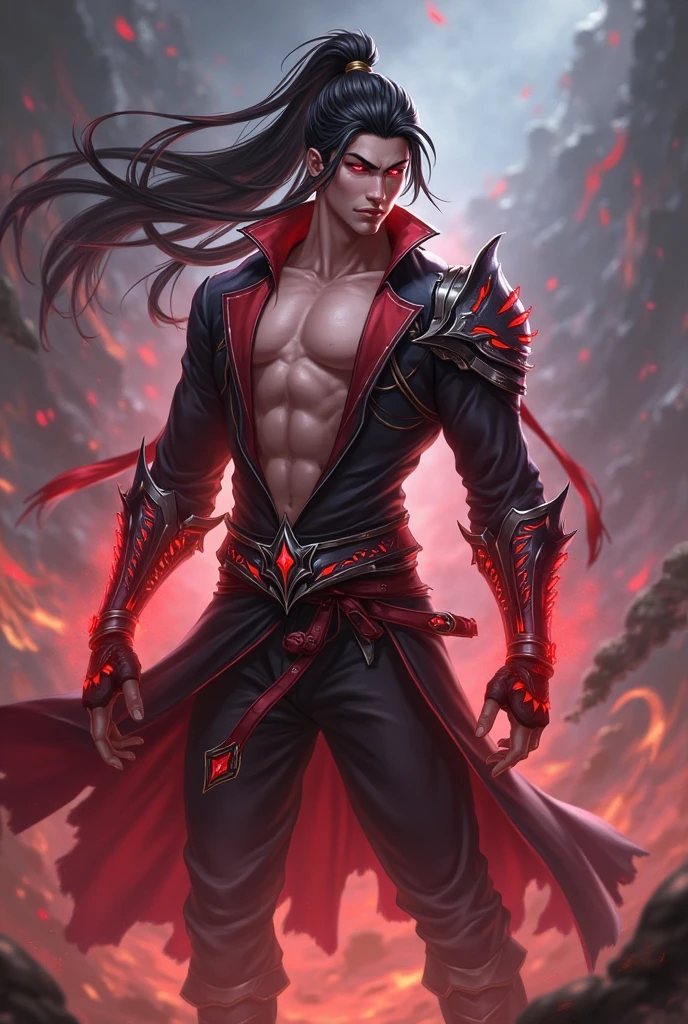 1 homem, Cabelo prateado, jaqueta branca, black pants, sem camisa, detalhes em vermelho, tori gates, mist, fog, Lua de neve , beautiful hands, perfect hands, Arte inicial de League of Legends,