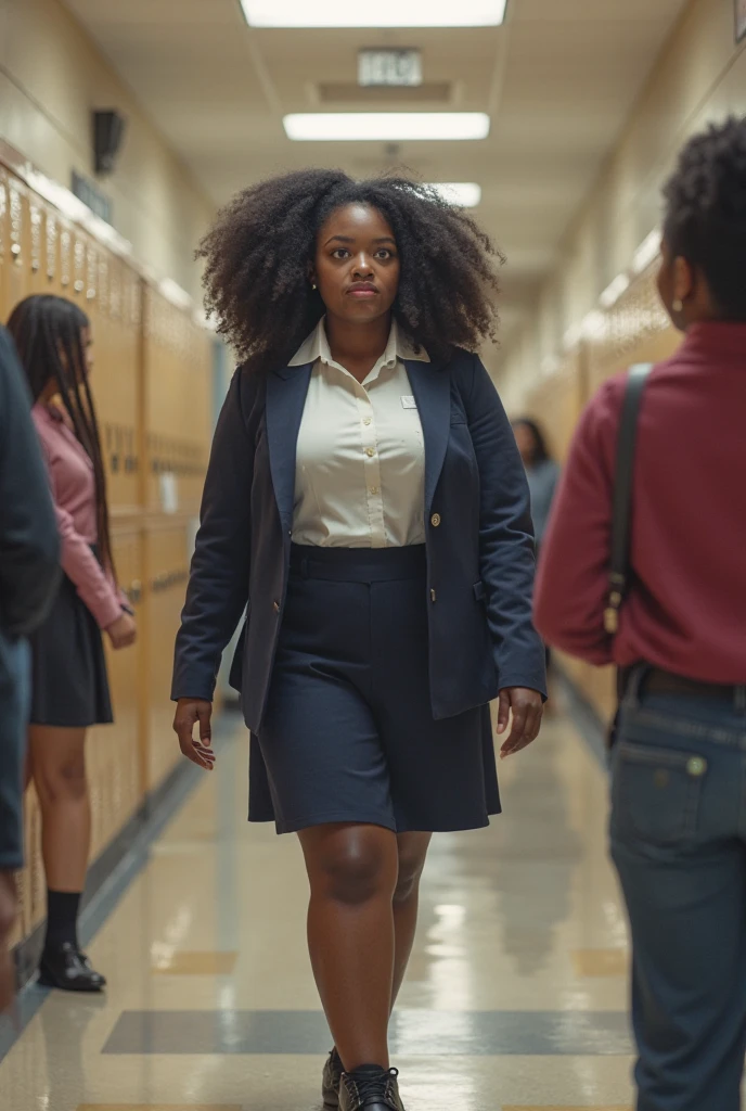 (medium full shot) of (angelic school teacher) young woman, south african, dark brown eyes, dark skin, curvy, voluminous curls hair, wearing a classic black fitted sweater, flared dress pants, kitten heels, delicate gold chain, natural foundation, surprised, open mouth, running toward the viewer, set in School Locker Room, Compact space with rows of colorful lockers, a bulletin board covered in announcements, wooden benches for changing shoes, backpacks piled in a corner, the faint hum of conversation among students, at sunset, Masterpiece,best quality, photorealistic, amazing quality, very aesthetic, extremely detailed face,