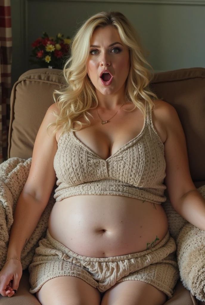 Facing camera, Blonde hair, woman, bimbo, large lips, fake overfilled juggs, fat ass, fat belly, bbw, overweight, pregnant