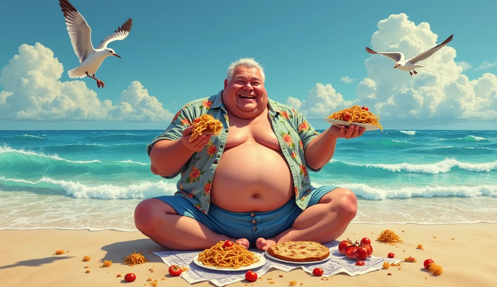 Significantly Obese Mark Zuckerberg on a beach, surrounded by an assortment of seafood skewers. Show him relishing the flavors and textures of the skewers while his belly grows larger. Capture the vibrant beach atmosphere and the enjoyment he derives from the indulgent feast --auto --s2