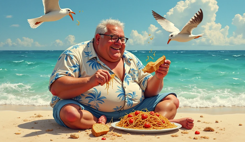 Significantly Obese Mark Zuckerberg on a beach, surrounded by an assortment of seafood skewers. Show him relishing the flavors and textures of the skewers while his belly grows larger. Capture the vibrant beach atmosphere and the enjoyment he derives from the indulgent feast --auto --s2