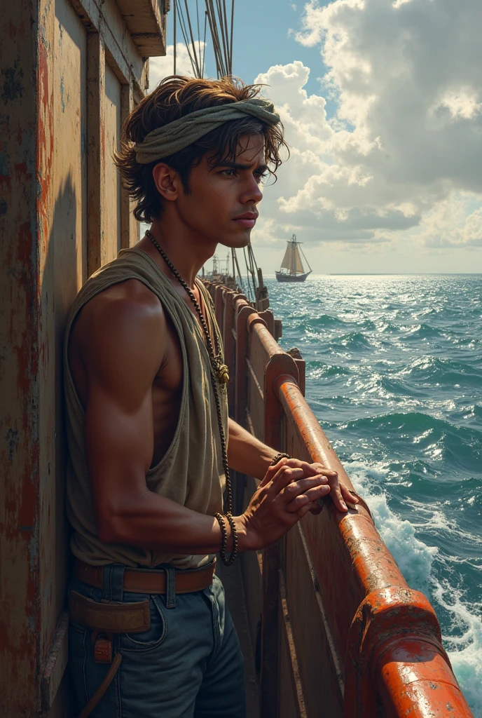 fullbody, wide shot view, oil painting+realism+jc_leyendecker+caravaggio, full body, innocent face, tender, youthful, young italian man, defined muscles, calisthenic swimmer, cinnamon skin, green eyes, wavy brown hair, straight nose, oval face, square jaw, thin lips, perfect smile, perfect anatomy wearing a blue silk loincloth, standing on the ship, golden hour, dramatic, soft and neutral watercolor colors