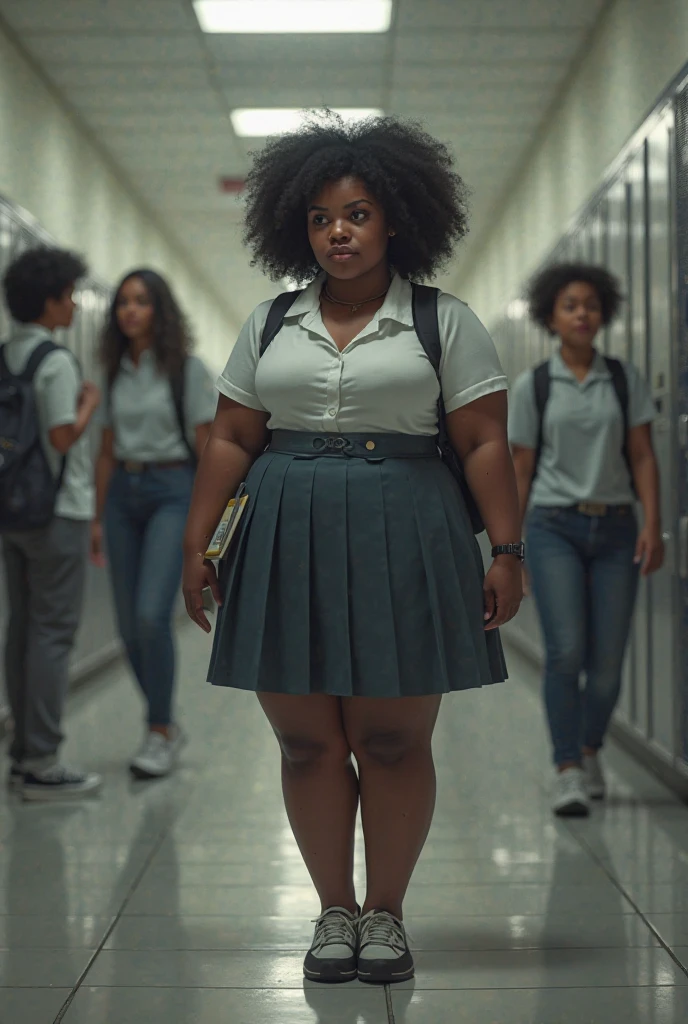 1girl, Solo, 25 years old African American woman, decent looking,wide hips,black afro hairs, brown eyes,shirt with short sleeves,blue jeans,black thick woolen pantyhose, black sneakers shoes, standing, classroom photography, RAW Photography, 8k, , Masterpiece, Full Body Shooting, Top Quality, Fine Pore, Realistic, Photorealistic, Ultra Detailed